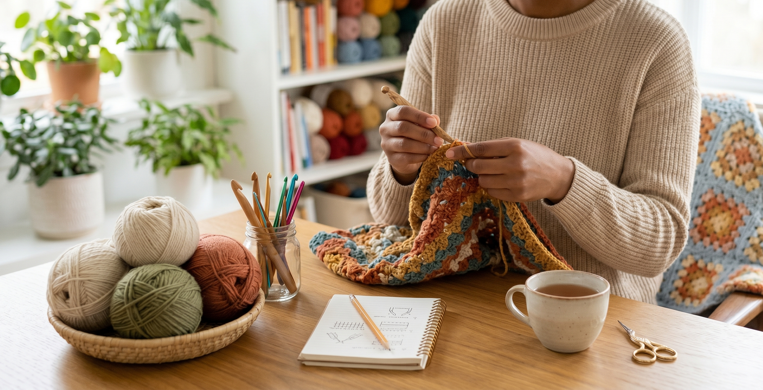 Crochet instructor teaching a colorful handmade project