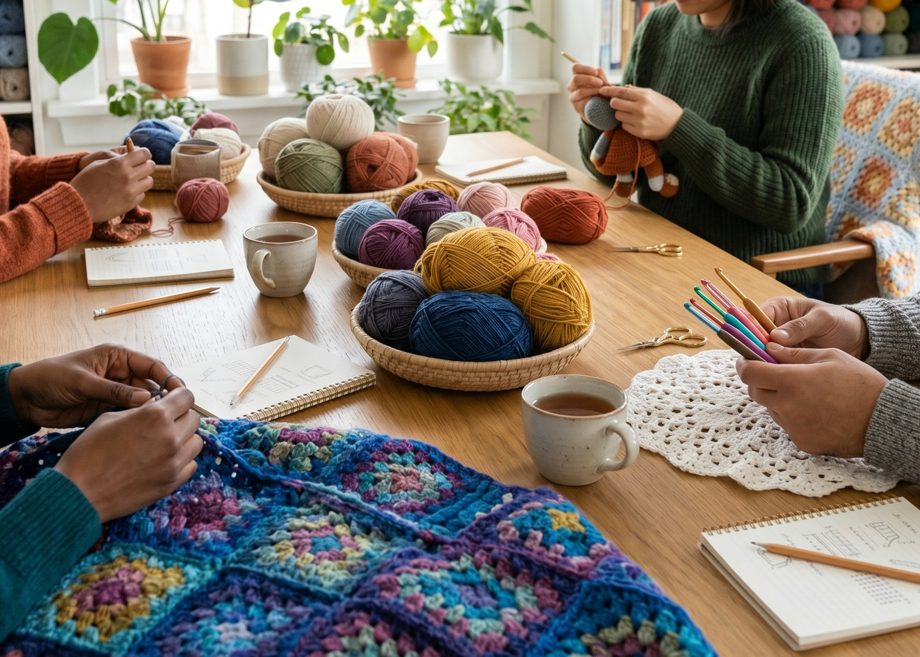 Students learning crochet together in a small group class